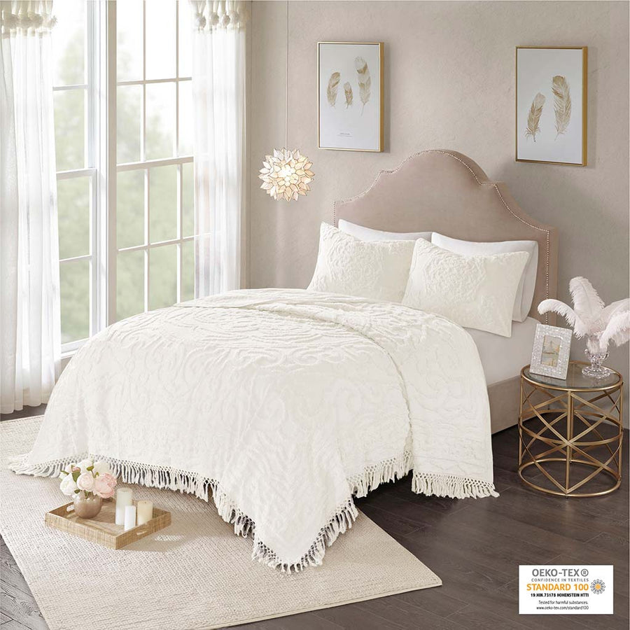 Madison Park Tufted Cotton Chenille Medallion Fringe Coverlet Mini Set
