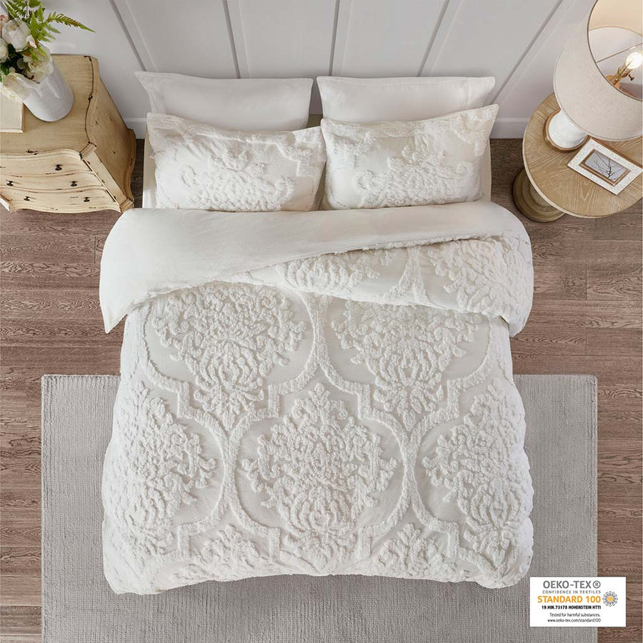 Madison Park 3 Piece Tufted Cotton Chenille Damask Duvet Cover Set