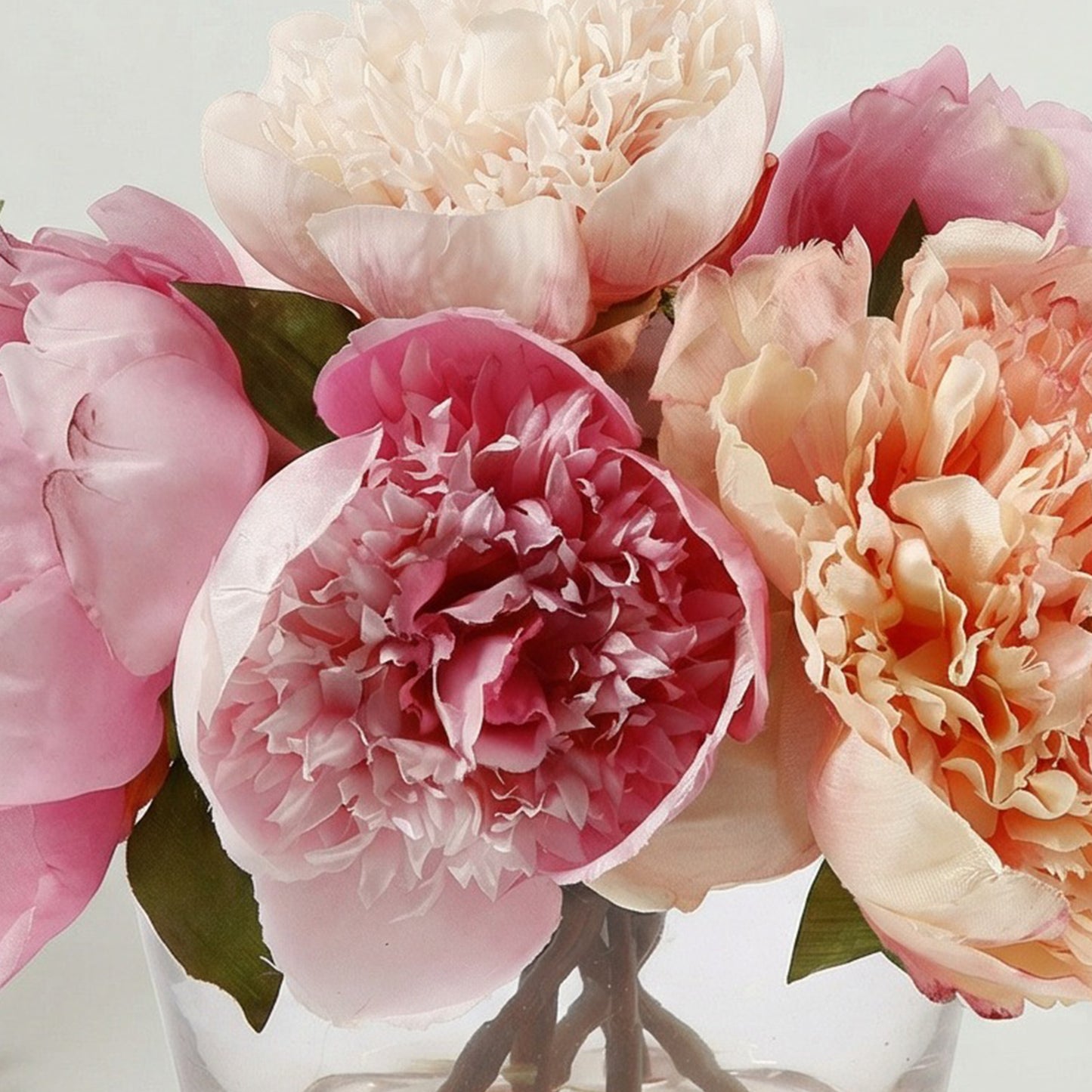Faux Peony Arrangement in Glass Vase with Faux Water – Multicolor Silk Flowers