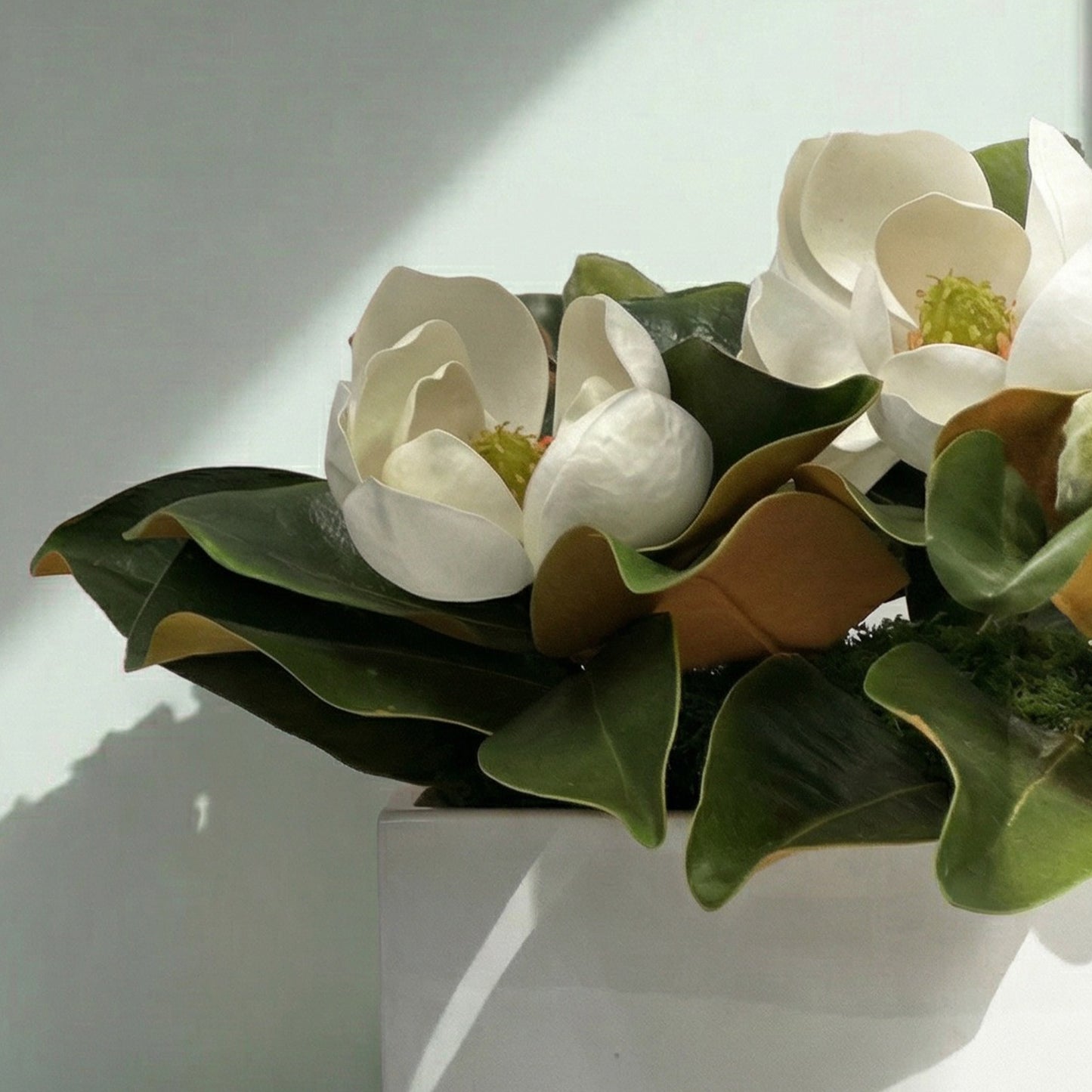 12-Inch Faux White Magnolia Arrangement in White Vase – Realistic Silk Floral Decor