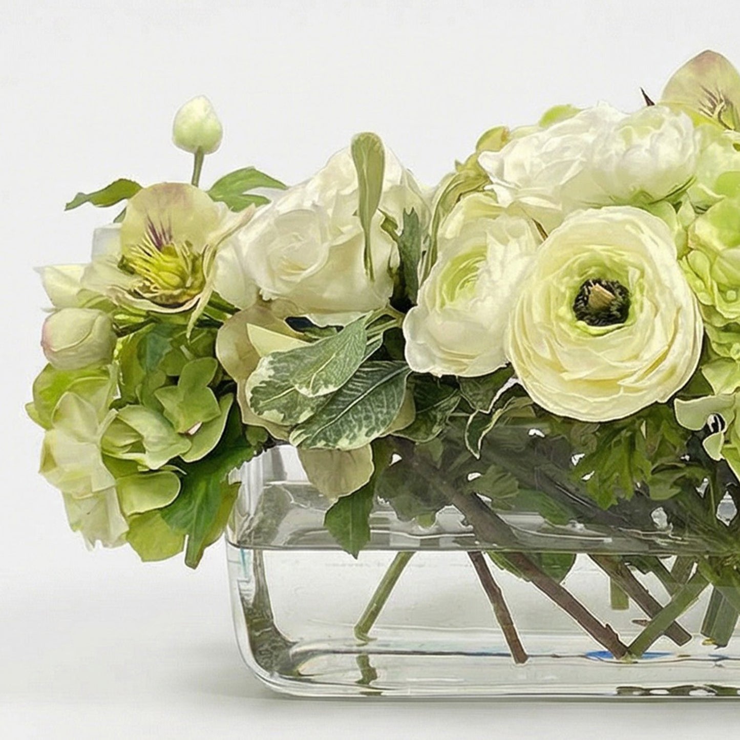 10" Faux Ranunculus & Rose in Rectangular Vase - White Silk Flowers