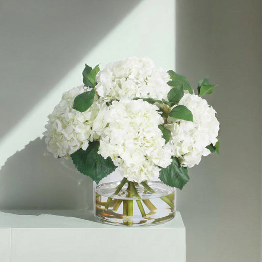 15-Inch Faux White Hydrangea Arrangement in Glass Vase – Silk Floral Centerpiece