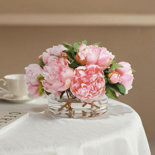 9-Inch Faux Pink Peony Arrangement in Glass Cylinder Vase – Realistic Silk Flower Decor