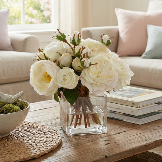 9-Inch Faux Cream Rose Arrangement in Square Glass Vase – Realistic Silk Flowers
