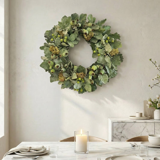 24-Inch Faux Dusty Miller Wreath – Silvery Green Silk Floral Wall & Door Decor