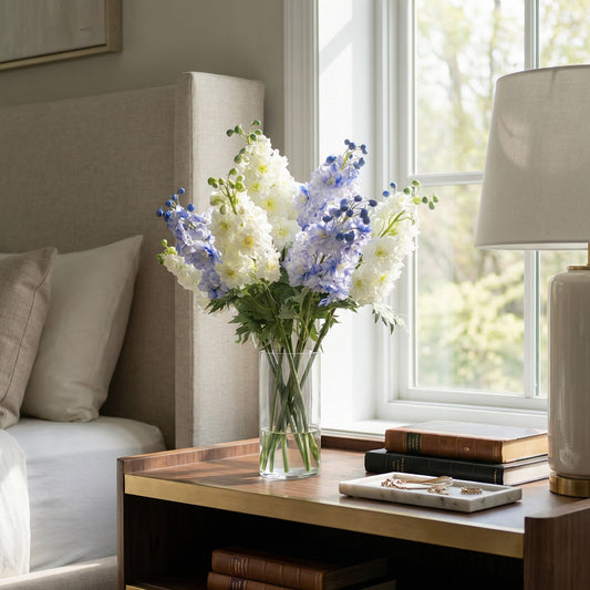 28-Inch Faux Blue & White Delphinium in Tall Glass Vase - Realistic Silk Flowers