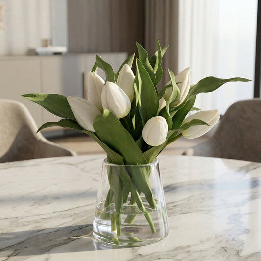 13-Inch Faux Soft-Touch Tulip Arrangement in Glass Vase – White/Green