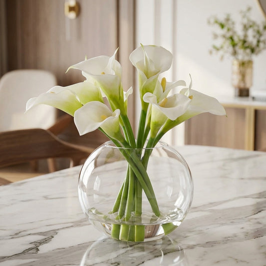 11-Inch Faux White Calla Lily Arrangement in Glass Bowl – Realistic Silk Flowers