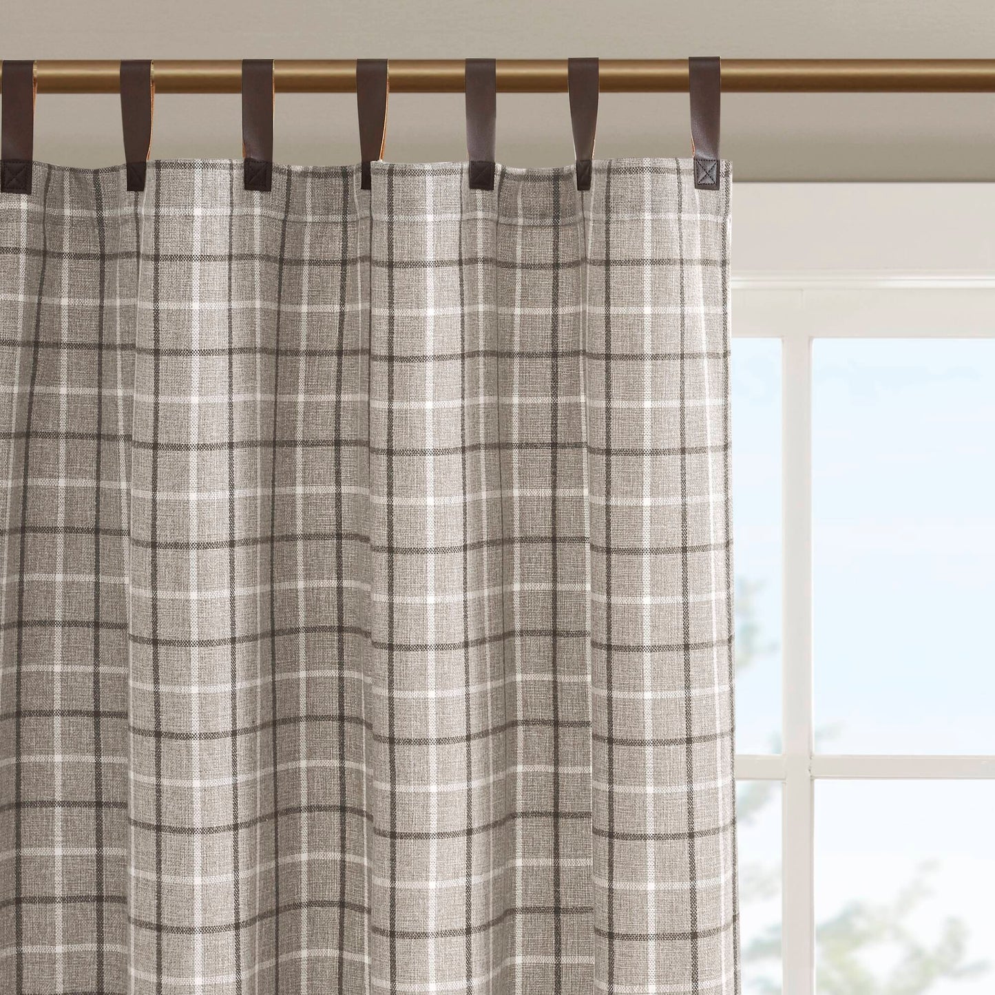 Madison Park Plaid Faux Leather Tab Top Curtain Panel with Fleece Lining