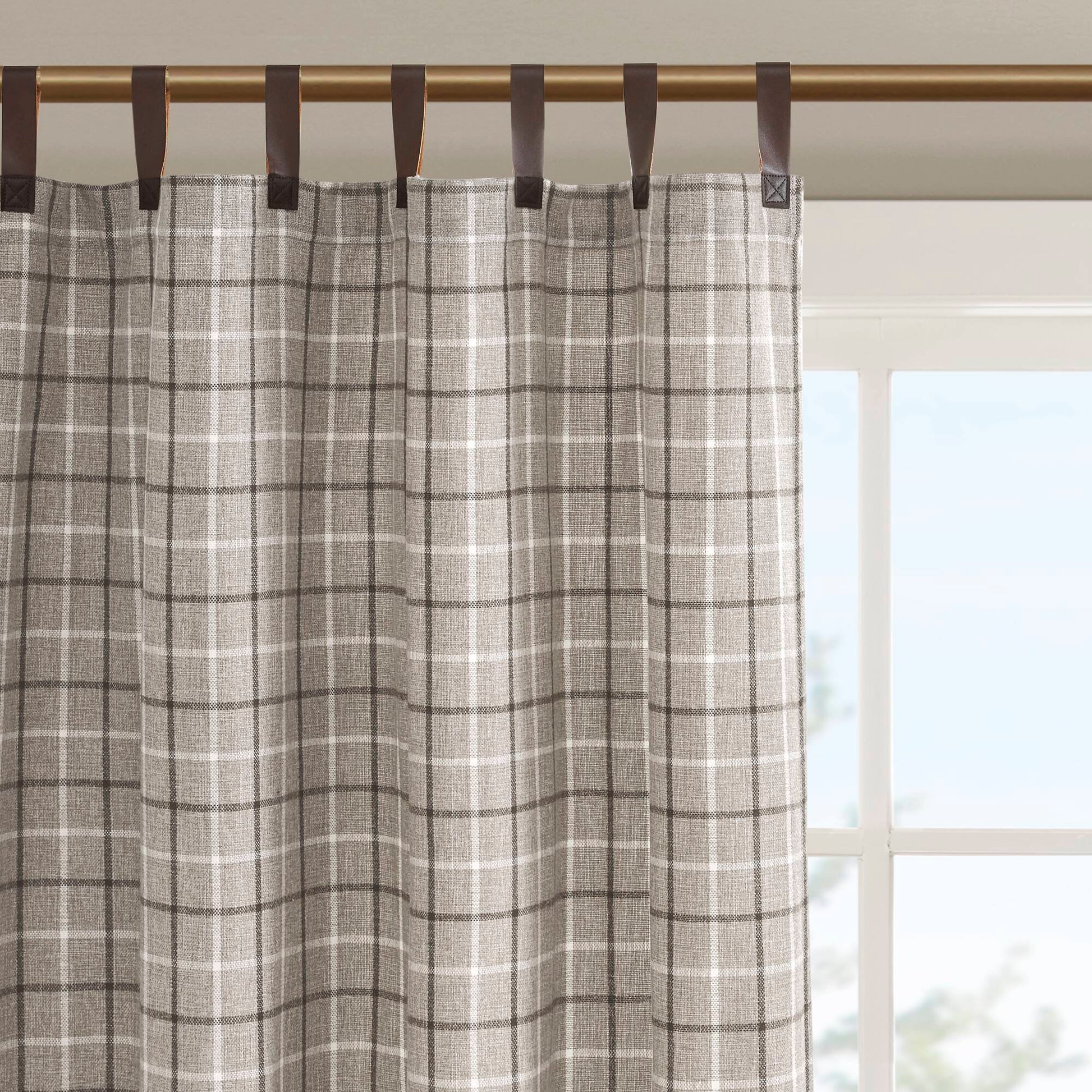 Madison Park Plaid Faux Leather Tab Top Curtain Panel with Fleece Lining
