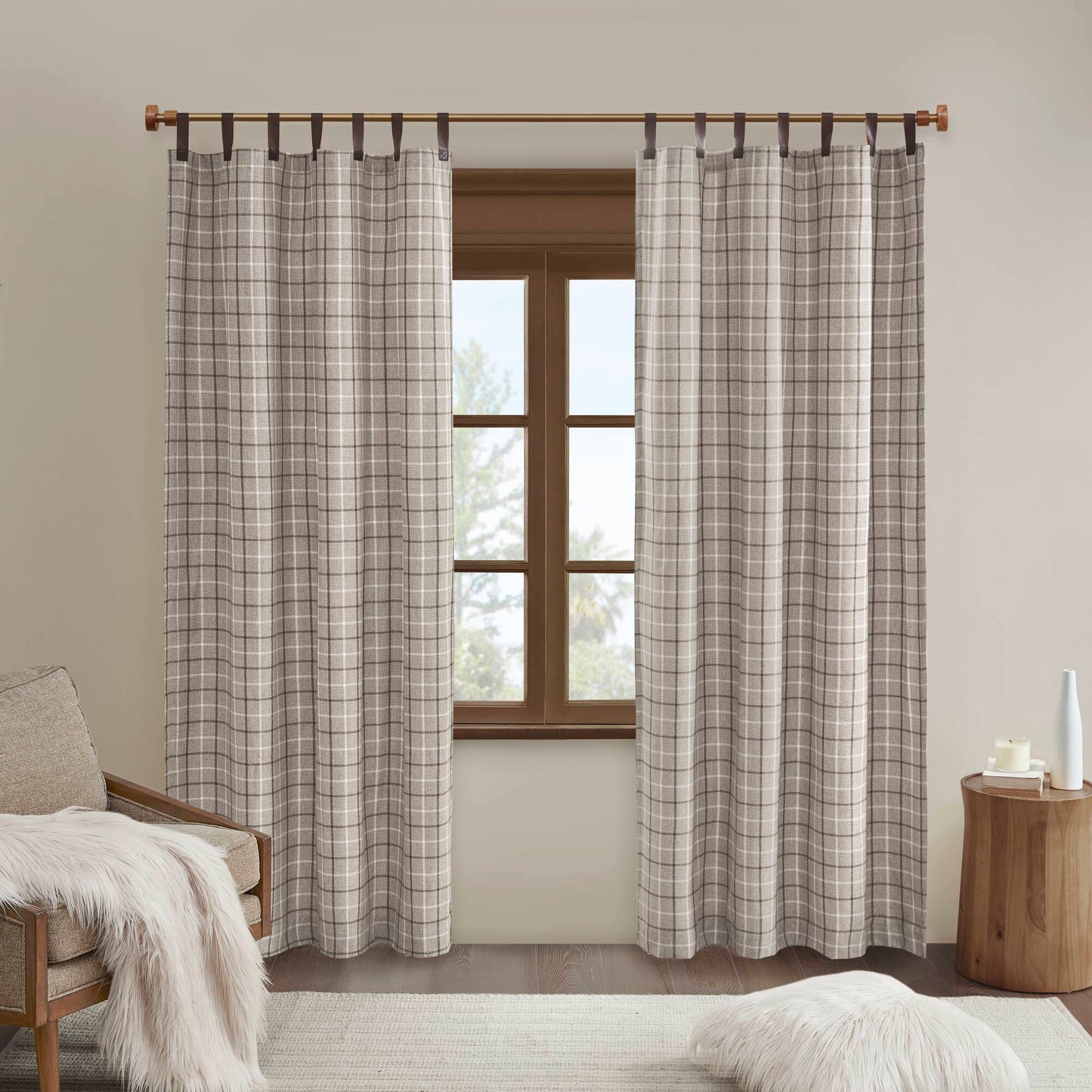 Madison Park Plaid Faux Leather Tab Top Curtain Panel with Fleece Lining