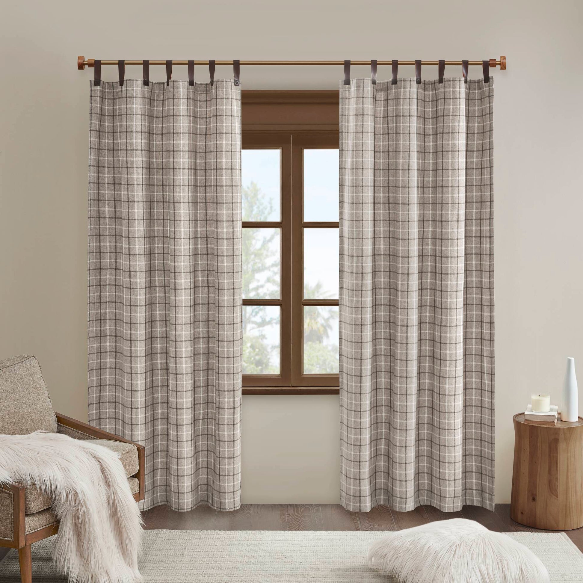 Madison Park Plaid Faux Leather Tab Top Curtain Panel with Fleece Lining