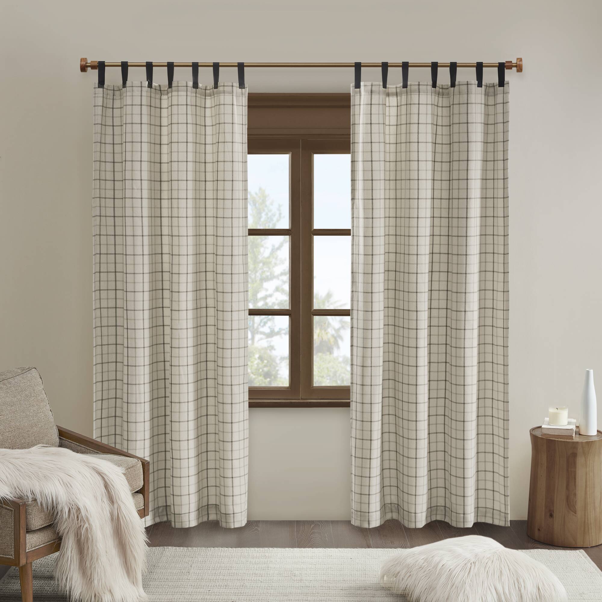 Madison Park Plaid Faux Leather Tab Top Curtain Panel with Fleece Lining