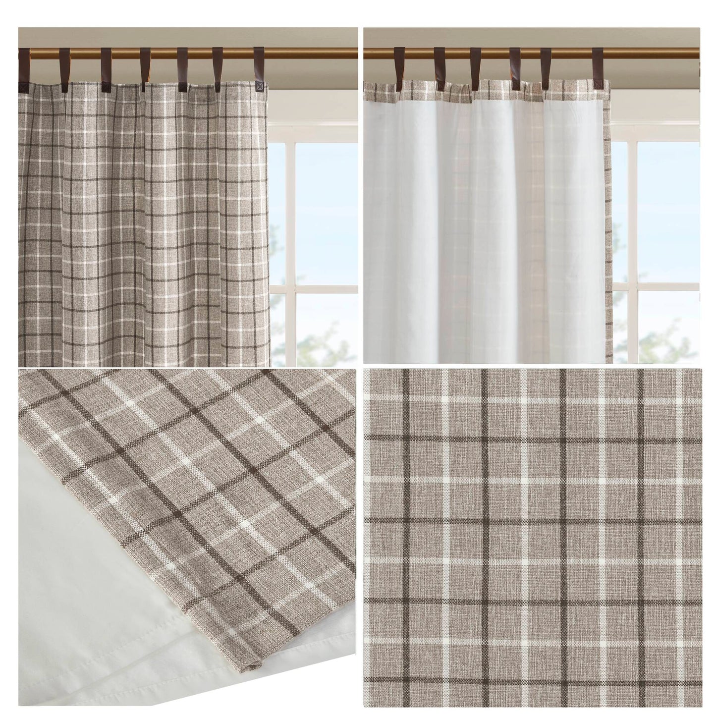 Madison Park Plaid Faux Leather Tab Top Curtain Panel with Fleece Lining