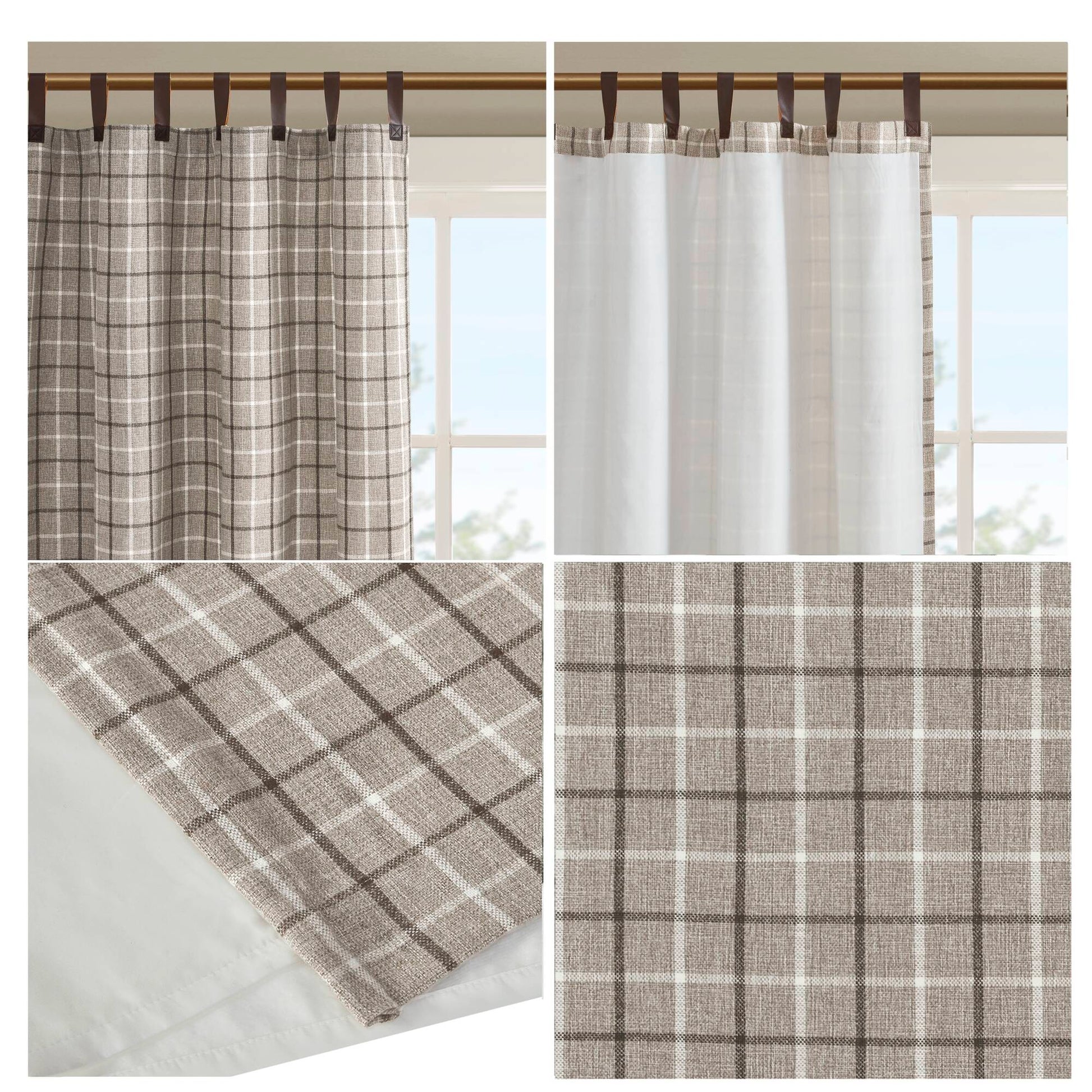 Madison Park Plaid Faux Leather Tab Top Curtain Panel with Fleece Lining