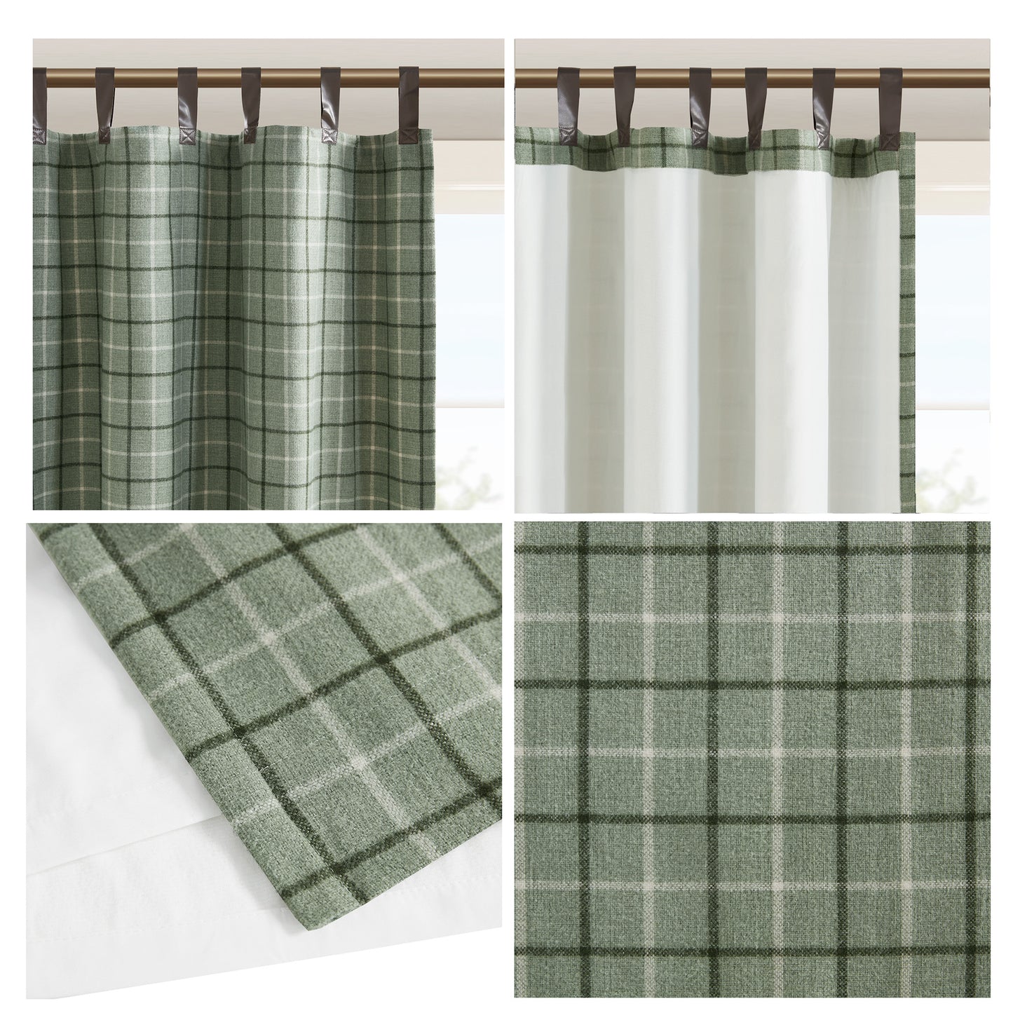 Madison Park Plaid Faux Leather Tab Top Curtain Panel with Fleece Lining