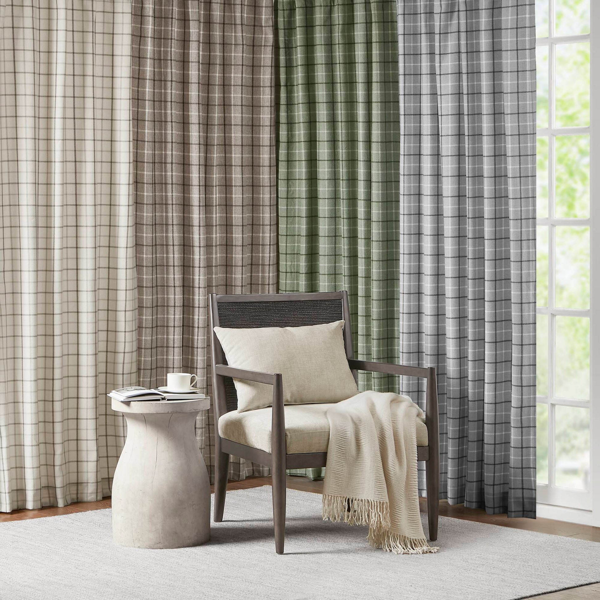 Madison Park Plaid Faux Leather Tab Top Curtain Panel with Fleece Lining