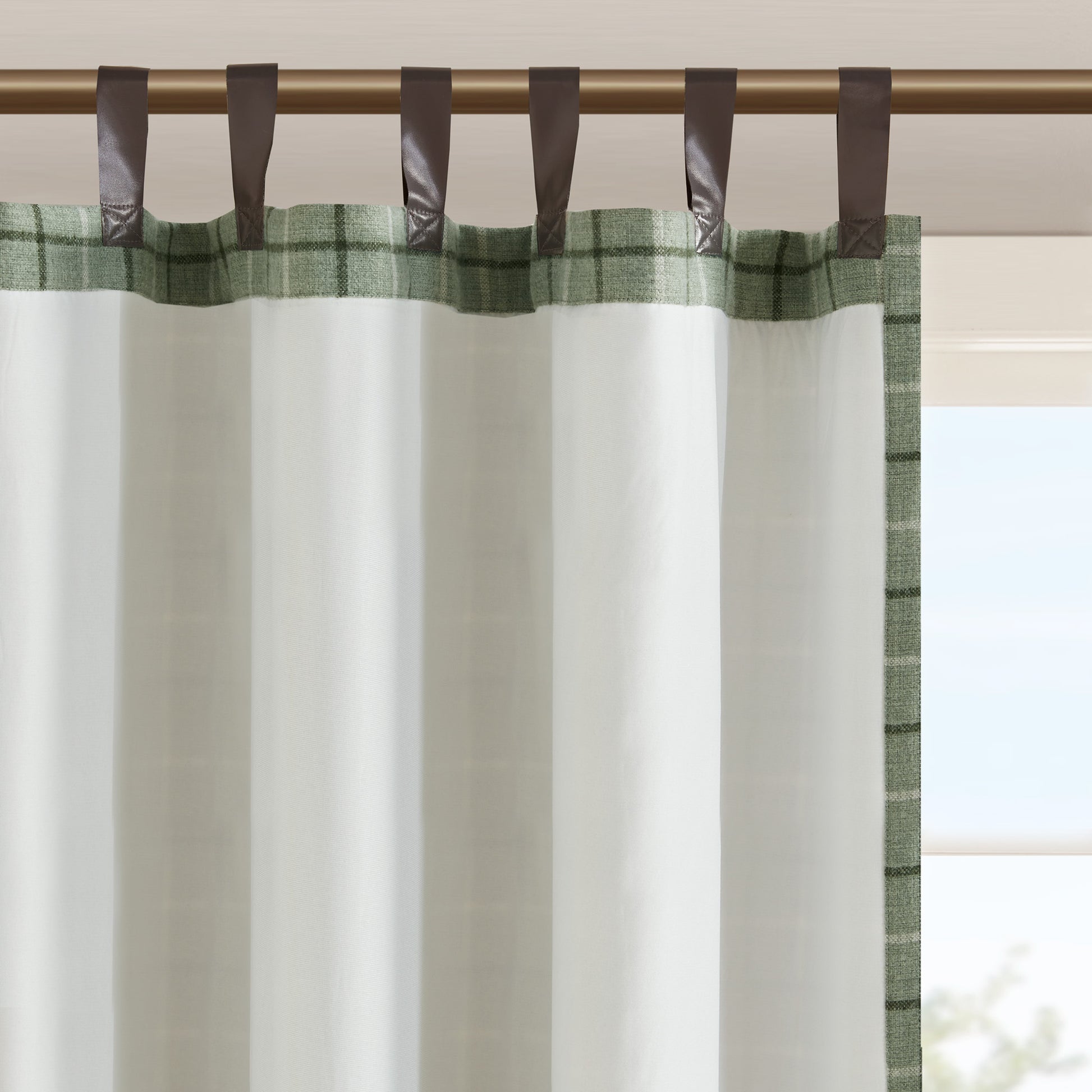 Madison Park Plaid Faux Leather Tab Top Curtain Panel with Fleece Lining