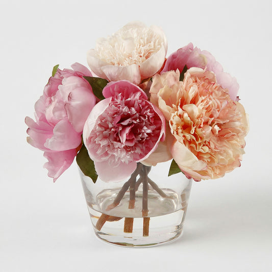 Faux Peony Arrangement in Glass Vase with Faux Water – Multicolor Silk Flowers