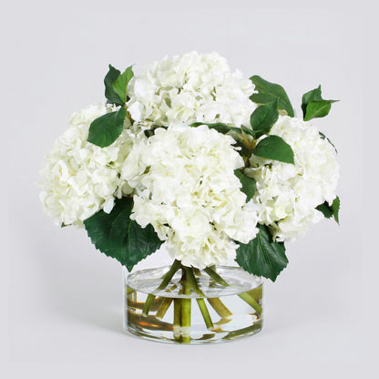 15-Inch Faux White Hydrangea Arrangement in Glass Vase – Silk Floral Centerpiece