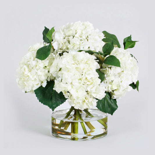 15-Inch Faux White Hydrangea Arrangement in Glass Vase – Silk Floral Centerpiece