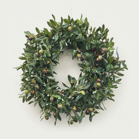 24-Inch Faux Mediterranean Olive Leaf Wreath – Realistic Greenery with Black Olives