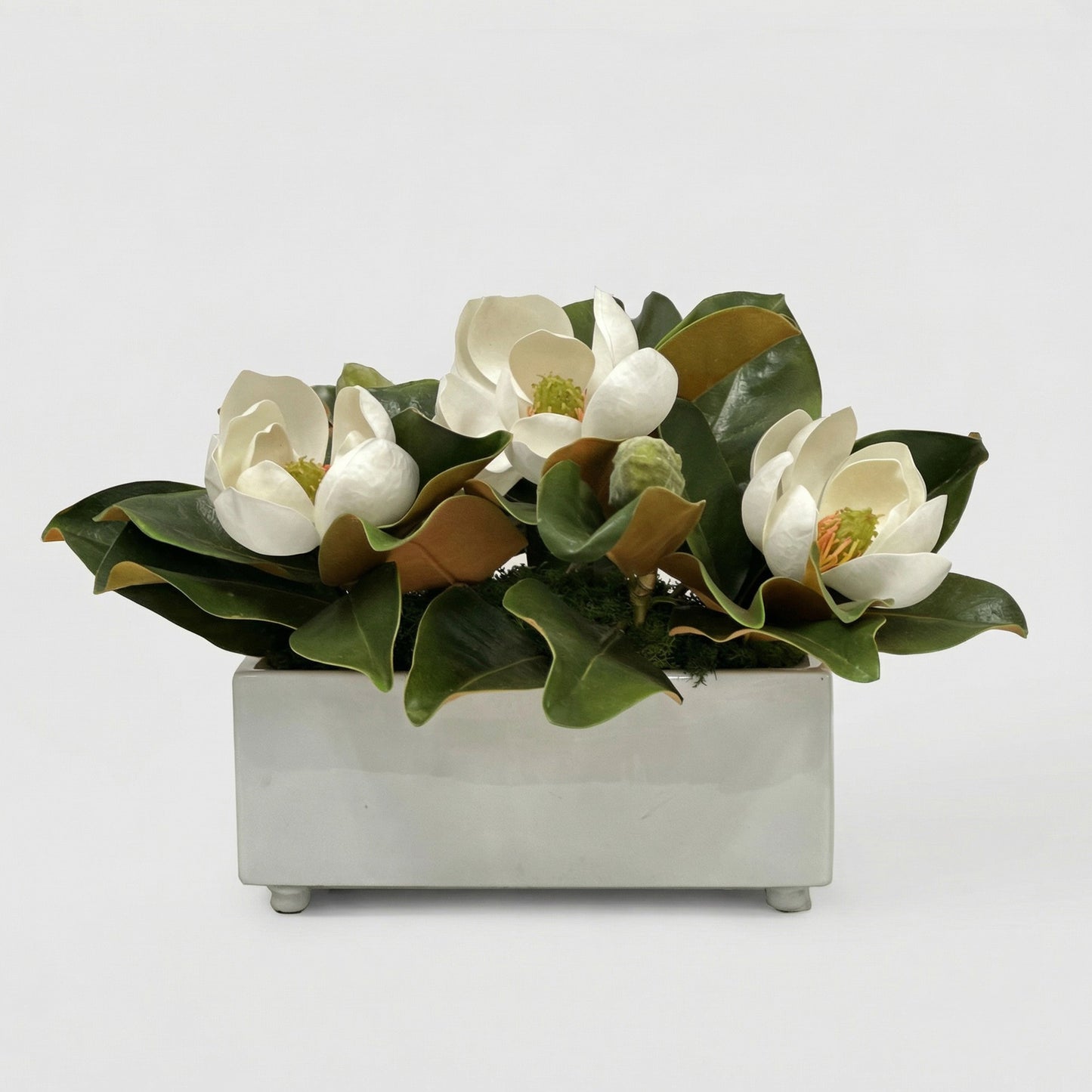 12-Inch Faux White Magnolia Arrangement in White Vase – Realistic Silk Floral Decor