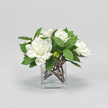 10-Inch Faux Gardenia Jubilation Arrangement in Glass Cube – Cream Silk Flowers