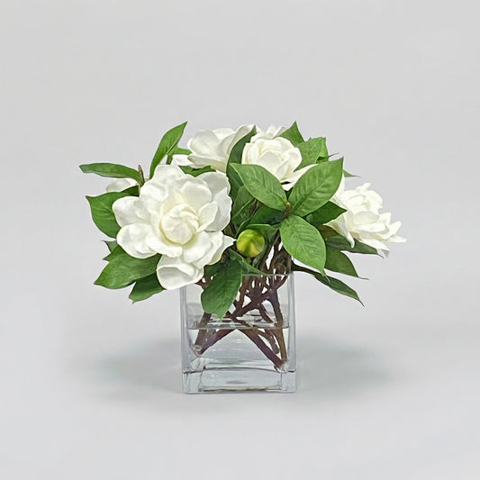 10-Inch Faux Gardenia Jubilation Arrangement in Glass Cube – Cream Silk Flowers
