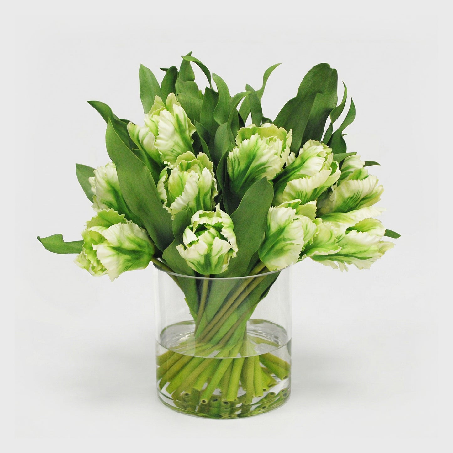 15-Inch Faux White & Green Tulip Arrangement in Glass Cylinder Vase – Realistic Silk Flowers