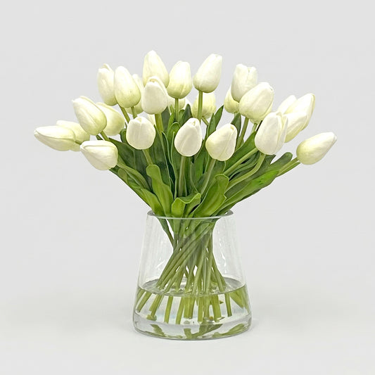 12-Inch Faux White Tulip Arrangement in Glass Vase – Small Silk Flowers