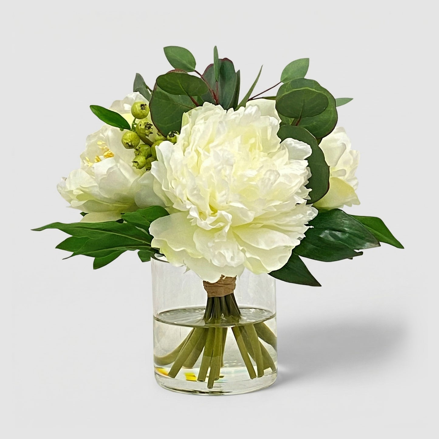 10.5-Inch Faux White Peony & Eucalyptus Arrangement in Glass Cylinder – Realistic Silk Flowers