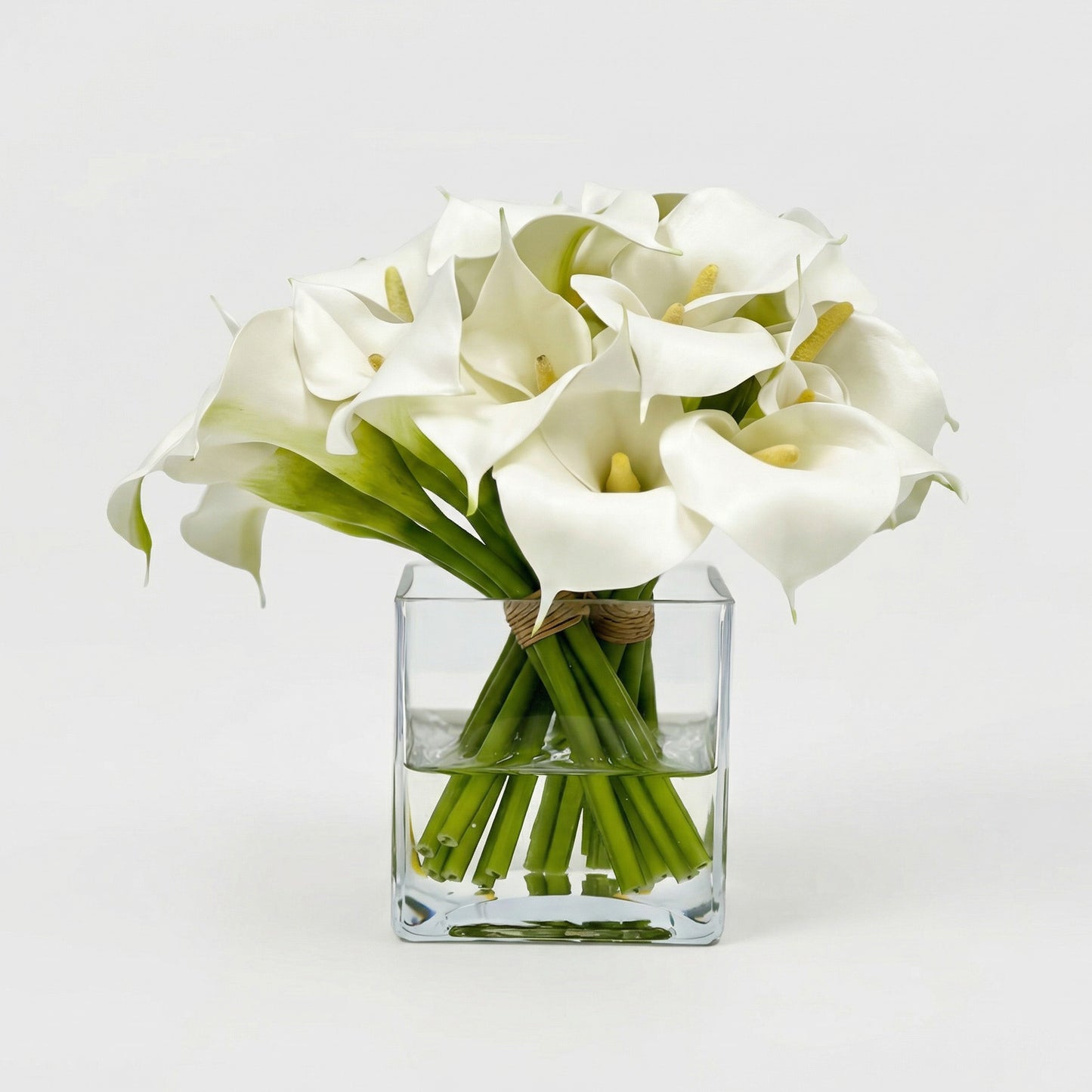 9.5-Inch Faux White Calla Lily Trio in Glass Cube Vase - Modern Silk Flowers