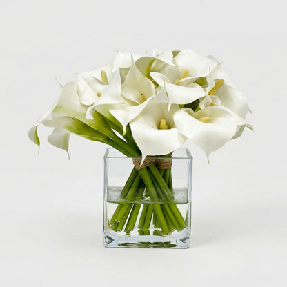 9.5-Inch Faux White Calla Lily Trio in Glass Cube Vase - Modern Silk Flowers