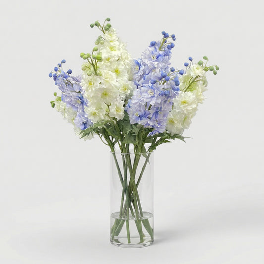 28-Inch Faux Blue & White Delphinium in Tall Glass Vase - Realistic Silk Flowers