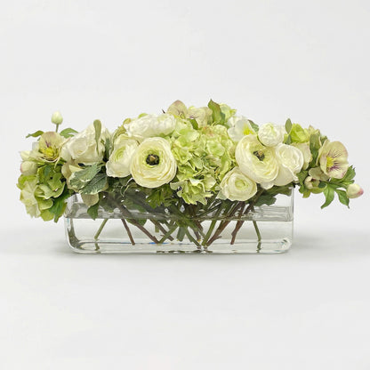 10" Faux Ranunculus & Rose in Rectangular Vase - White Silk Flowers