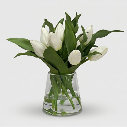 13-Inch Faux Soft-Touch Tulip Arrangement in Glass Vase – White/Green