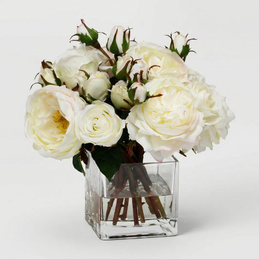 9-Inch Faux Cream Rose Arrangement in Square Glass Vase – Realistic Silk Flowers