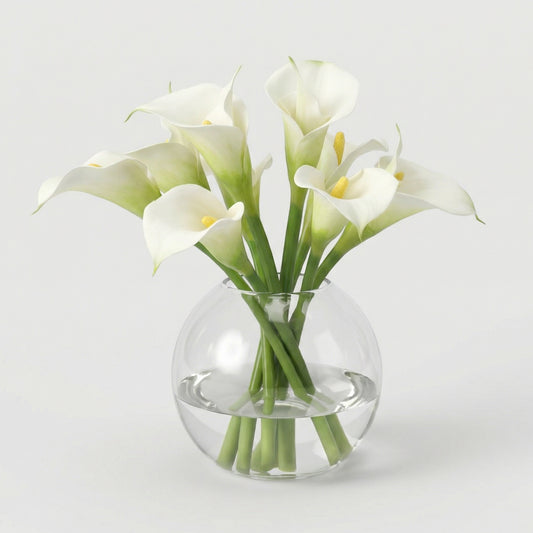 11-Inch Faux White Calla Lily Arrangement in Glass Bowl – Realistic Silk Flowers