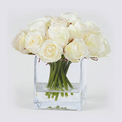 8.5-Inch Faux White Rose Bud Arrangement in Square Glass Vase – Realistic Silk Flowers