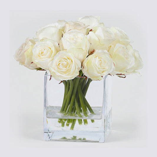 8.5-Inch Faux White Rose Bud Arrangement in Square Glass Vase – Realistic Silk Flowers