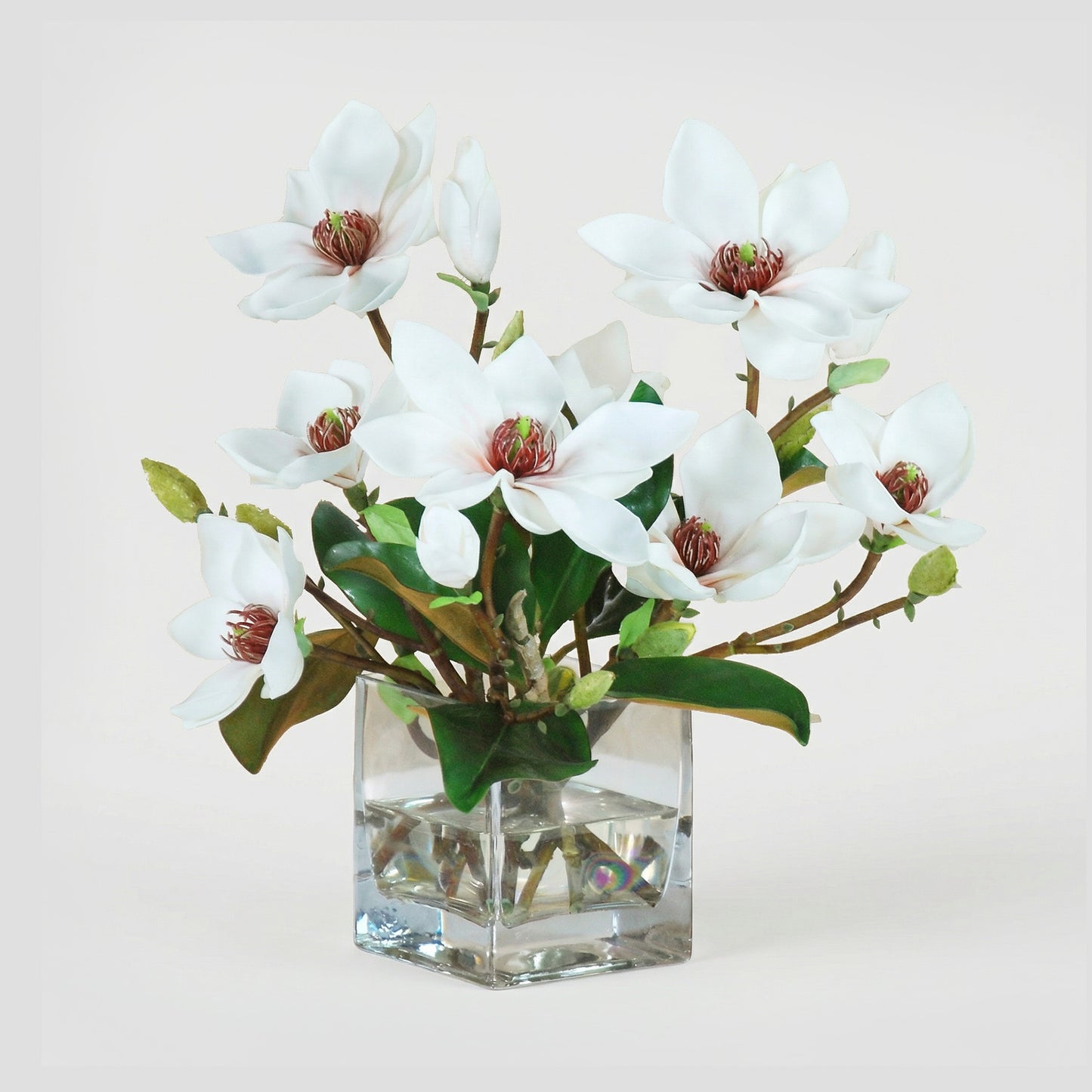 15-Inch Faux Magnolia & Foliage Arrangement in Glass Cube – White & Green