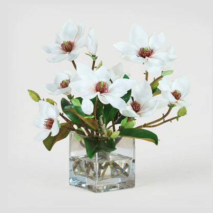 15-Inch Faux Magnolia & Foliage Arrangement in Glass Cube – White & Green
