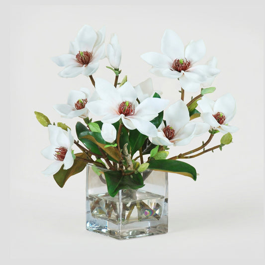 15-Inch Faux Magnolia & Foliage Arrangement in Glass Cube – White & Green