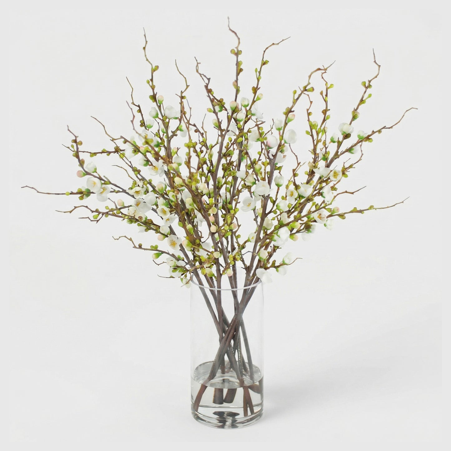 25-Inch Faux White Peach Blossom Arrangement in Tall Glass Vase – Realistic Silk Flowers