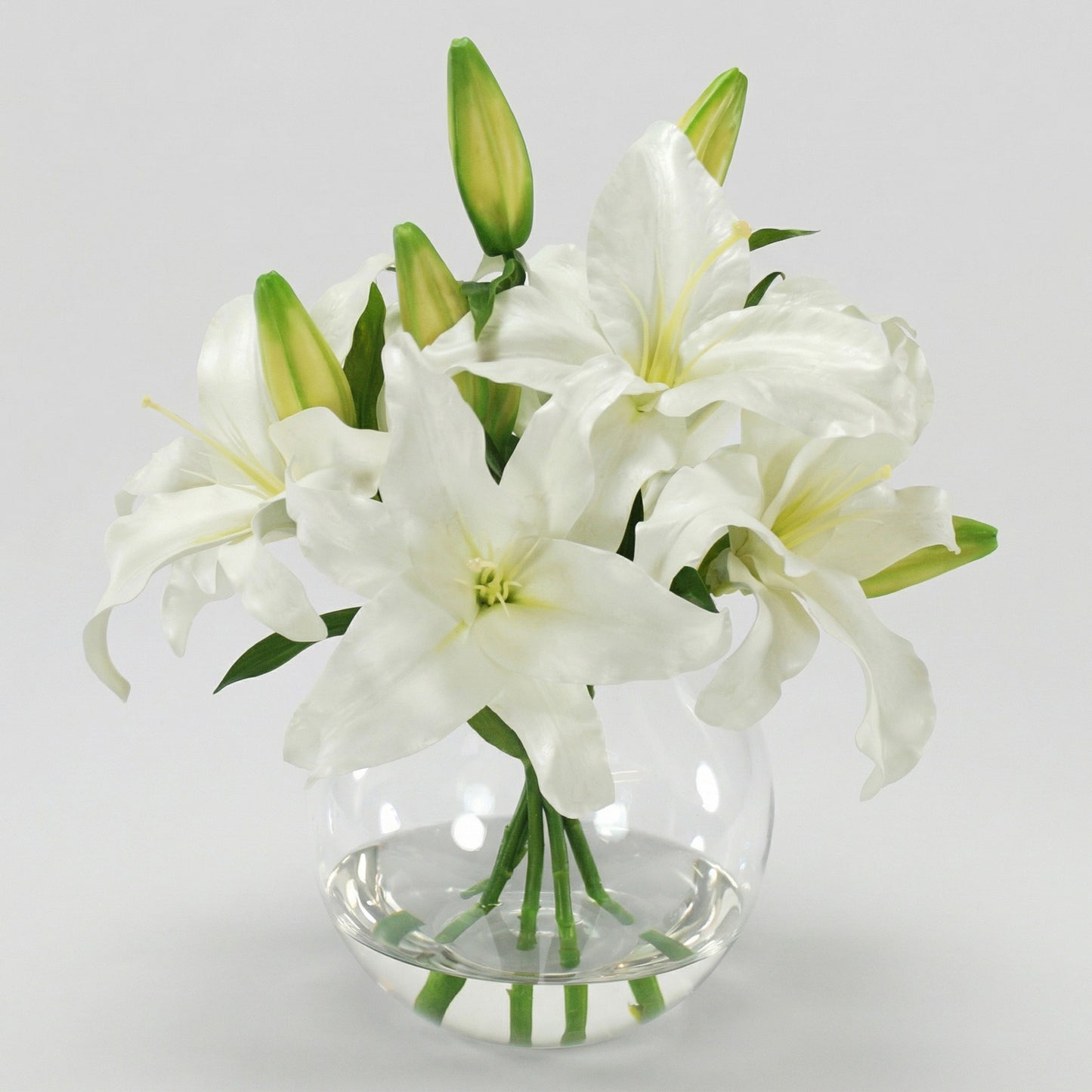 16-Inch Faux Casablanca Lily Arrangement in Glass Bowl – Two-Tone White Silk Flowers