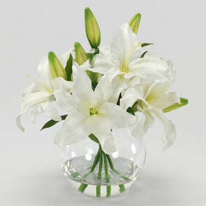 16-Inch Faux Casablanca Lily Arrangement in Glass Bowl – Two-Tone White Silk Flowers