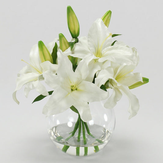 16-Inch Faux Casablanca Lily Arrangement in Glass Bowl – Two-Tone White Silk Flowers