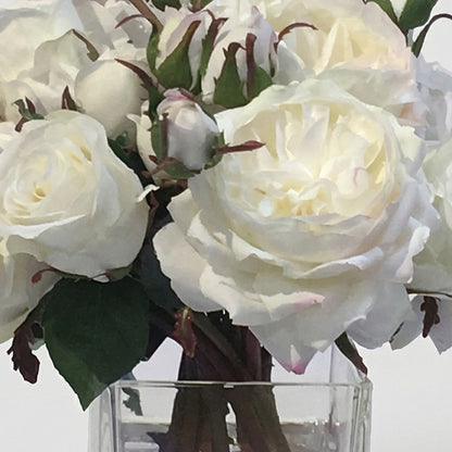 Artificial White Rose Arrangement in Glass Vase with Faux Water – Lifelike Silk Flowers