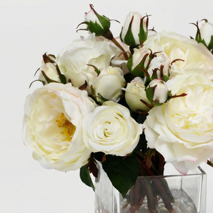 9-Inch Faux Cream Rose Arrangement in Square Glass Vase – Realistic Silk Flowers